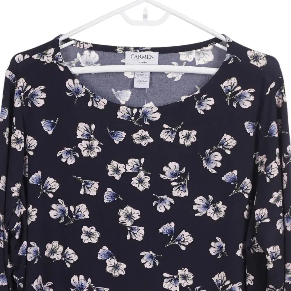 NWT CARMEN MARC VALVO Top 1X Navy Blue Floral Print Flounce 3/4 Sleeve Stretch